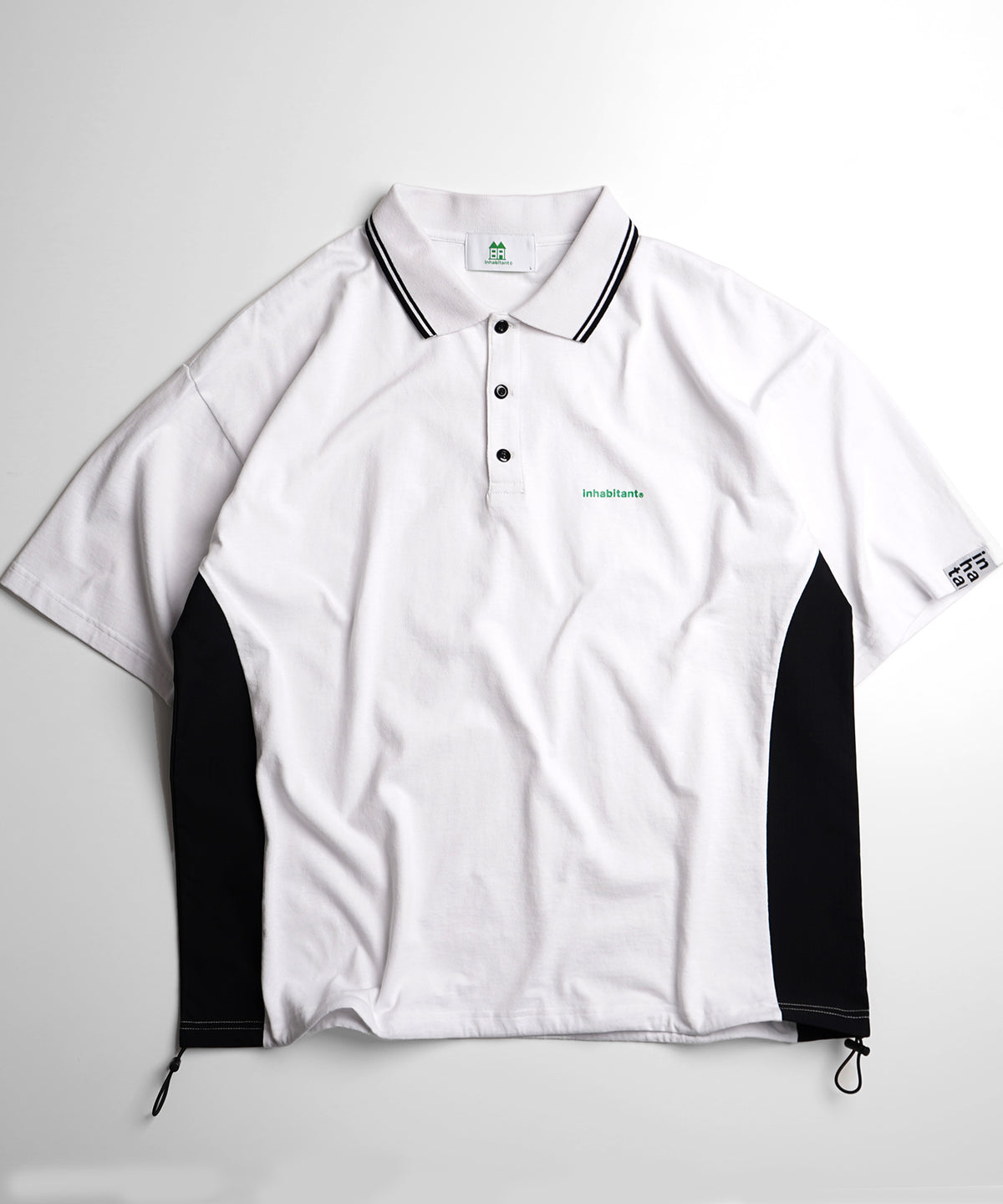 【MENS】ビッグシルエット ワンポイントプリント 半袖切替ポロシャツ /inhabitant(インハビタント)