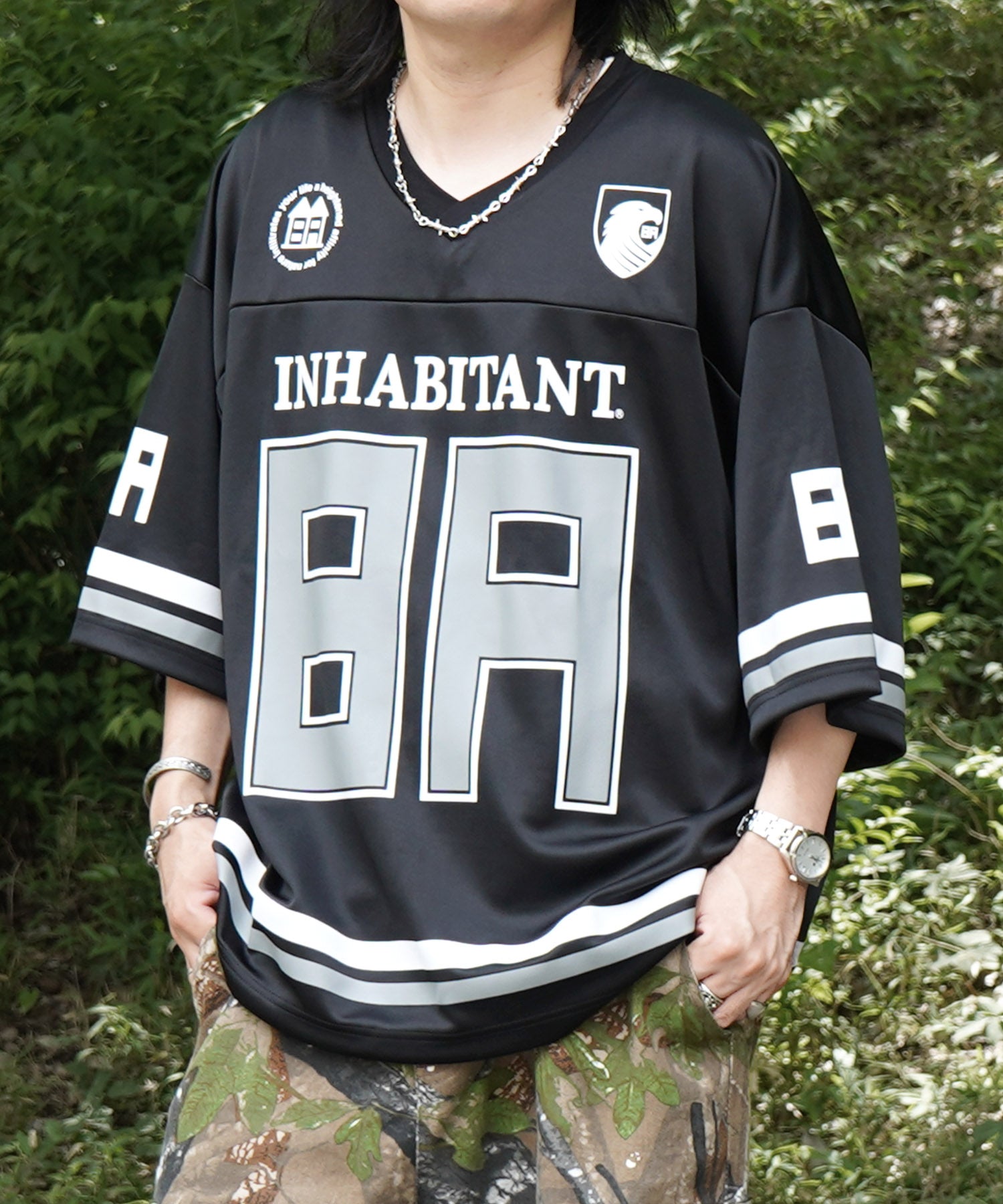 【MENS】ビッグシルエット フロントナンバリングプリント 半袖フットボールTシャツ /inhabitant(インハビタント)