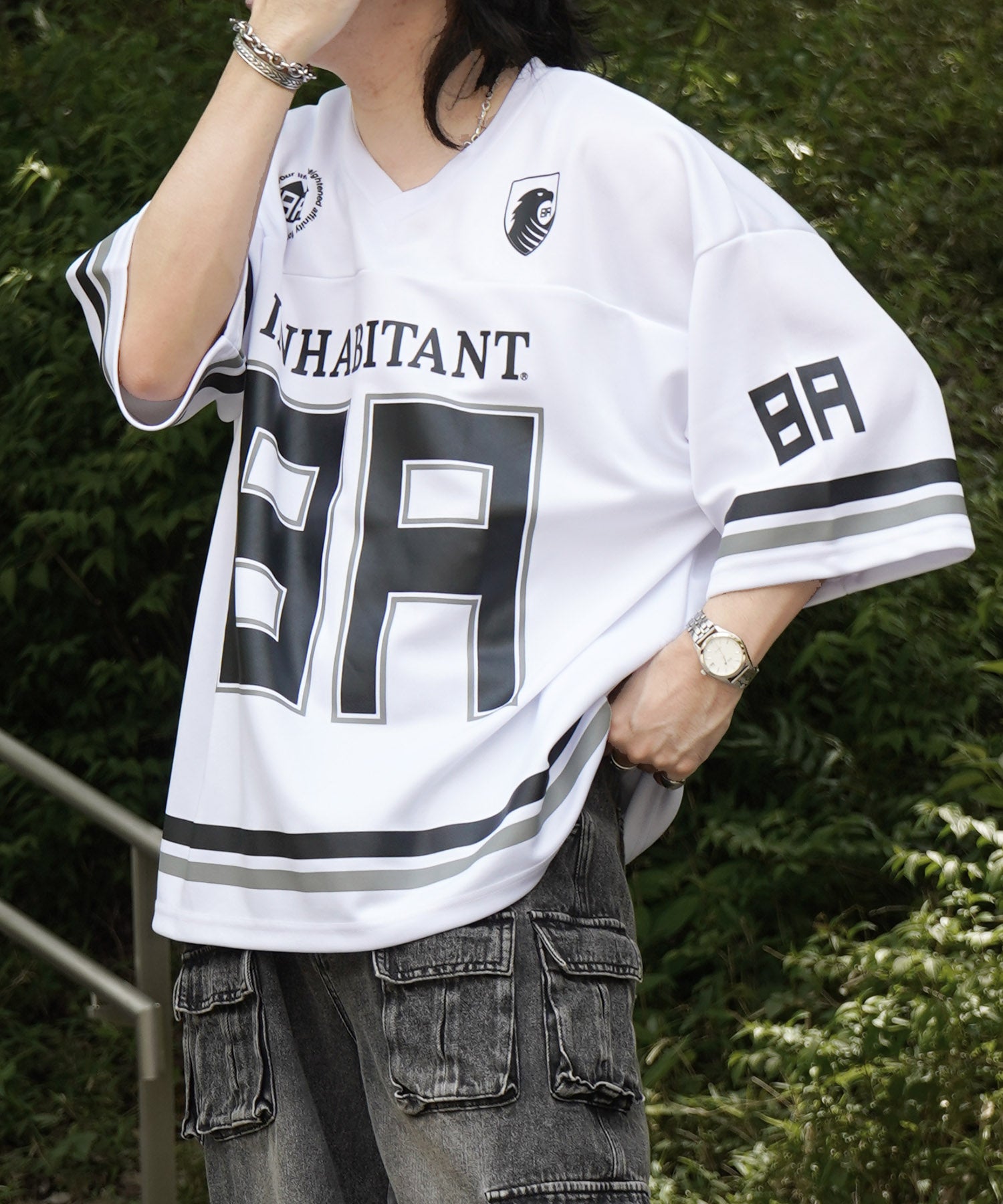 【MENS】ビッグシルエット フロントナンバリングプリント 半袖フットボールTシャツ /inhabitant(インハビタント)