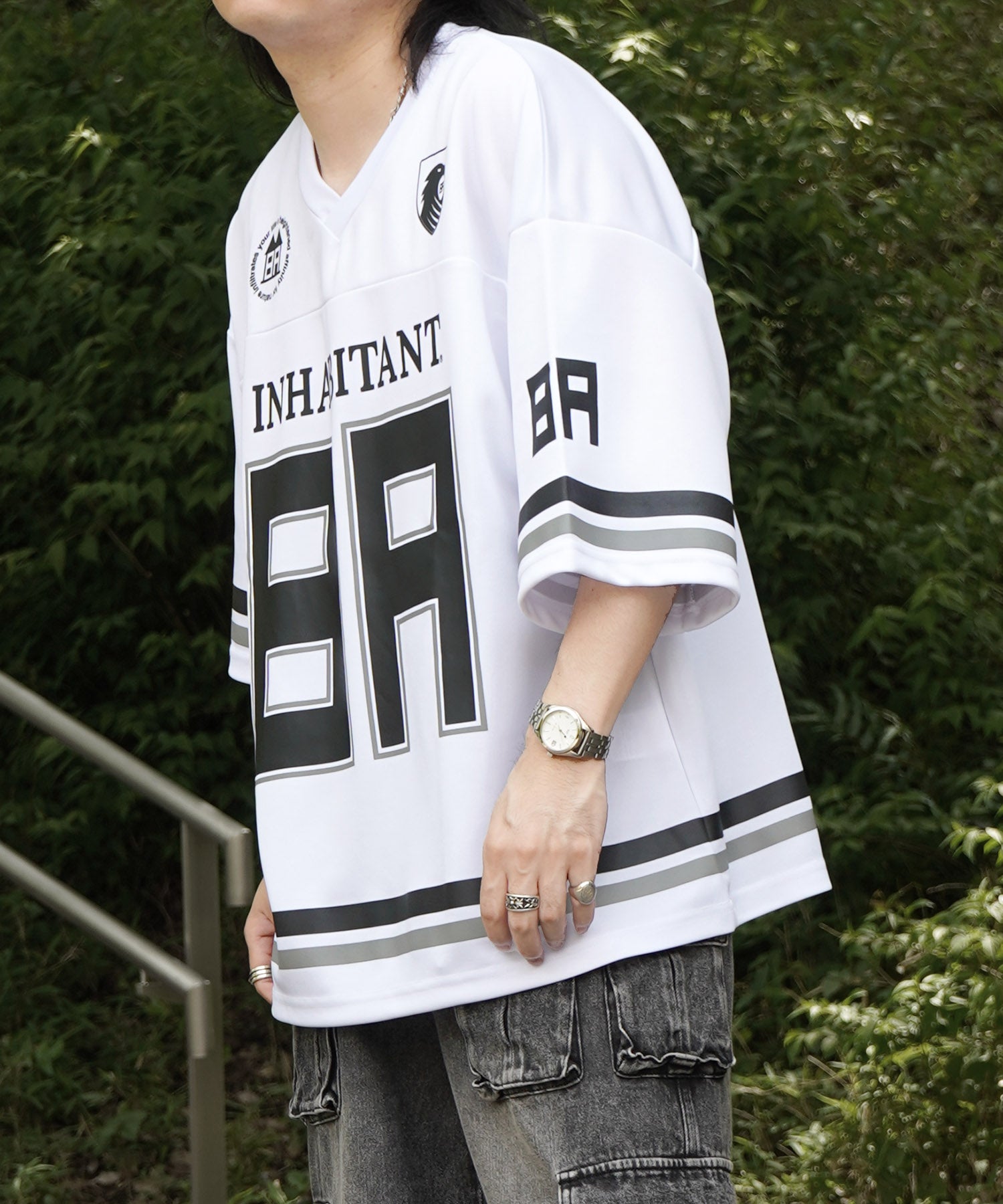 【MENS】ビッグシルエット フロントナンバリングプリント 半袖フットボールTシャツ /inhabitant(インハビタント)