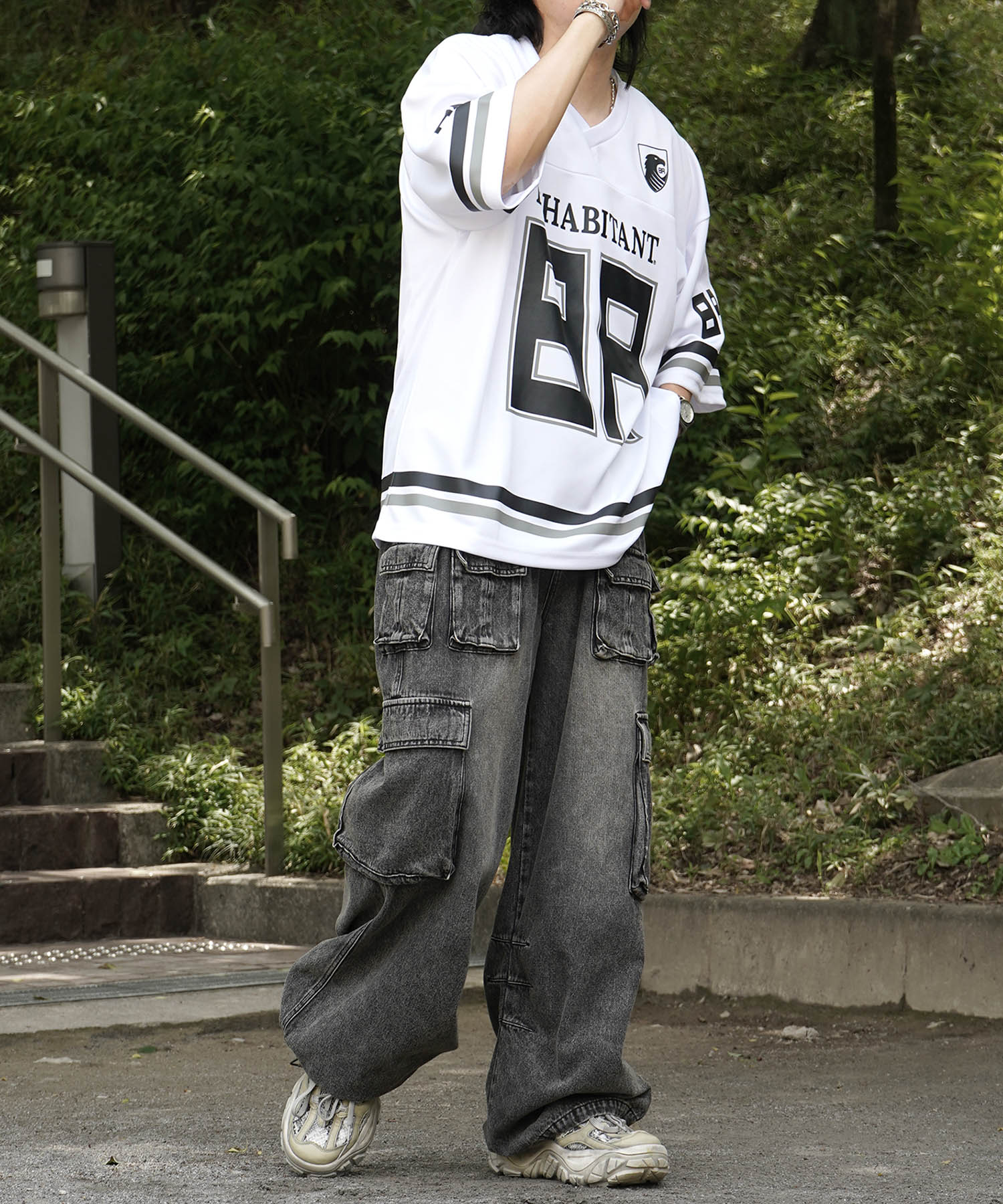 【MENS】ビッグシルエット フロントナンバリングプリント 半袖フットボールTシャツ /inhabitant(インハビタント)