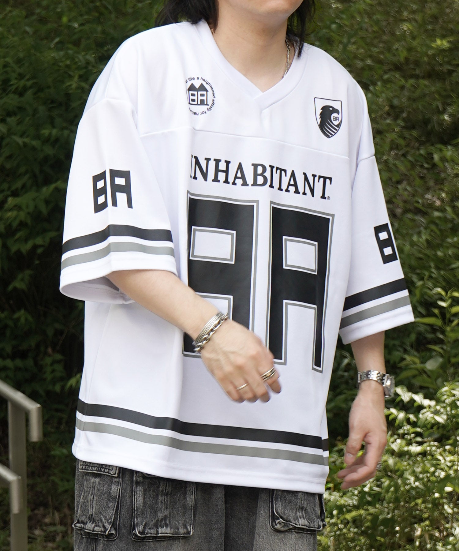 【MENS】ビッグシルエット フロントナンバリングプリント 半袖フットボールTシャツ /inhabitant(インハビタント)