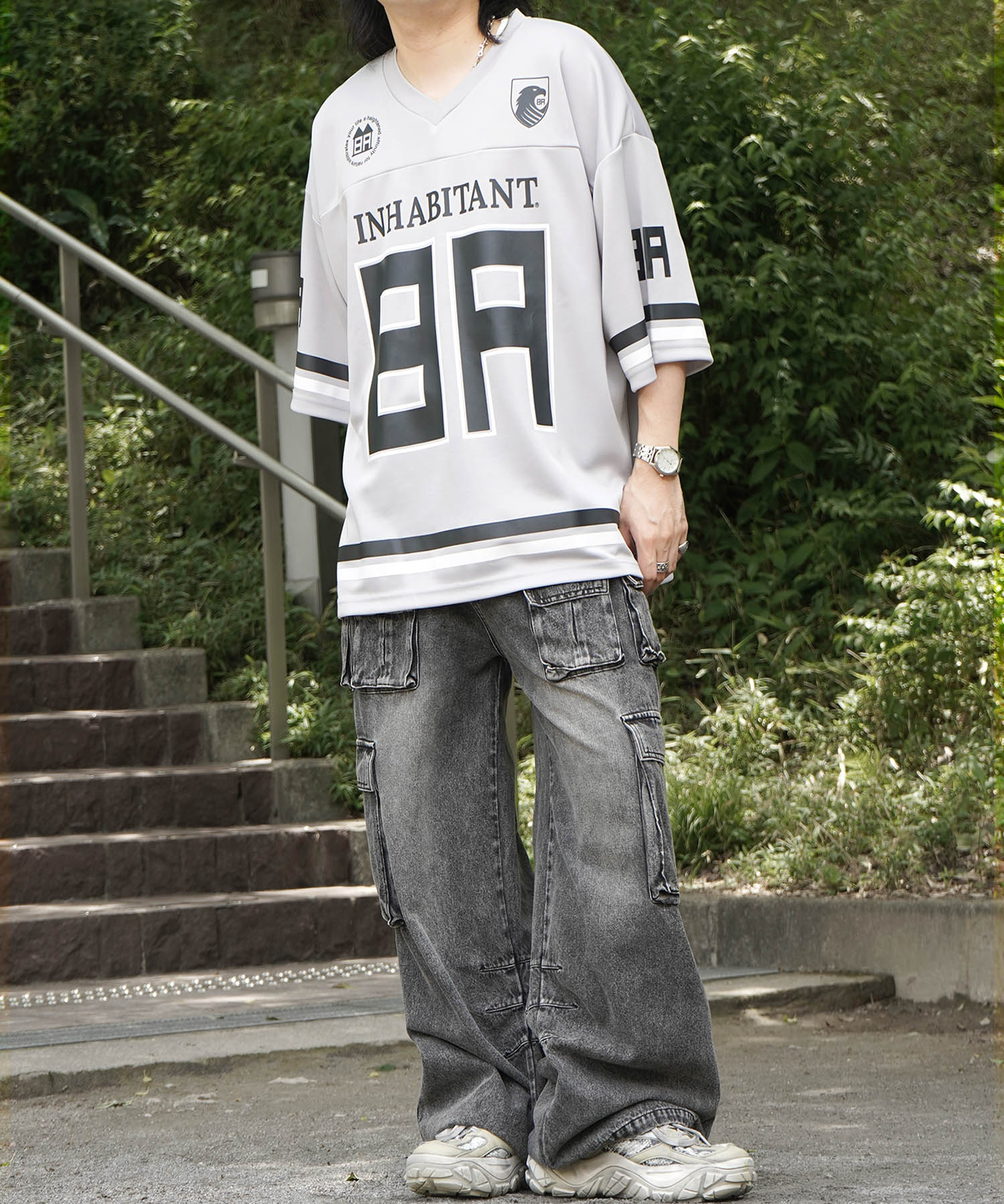 【MENS】ビッグシルエット フロントナンバリングプリント 半袖フットボールTシャツ /inhabitant(インハビタント)