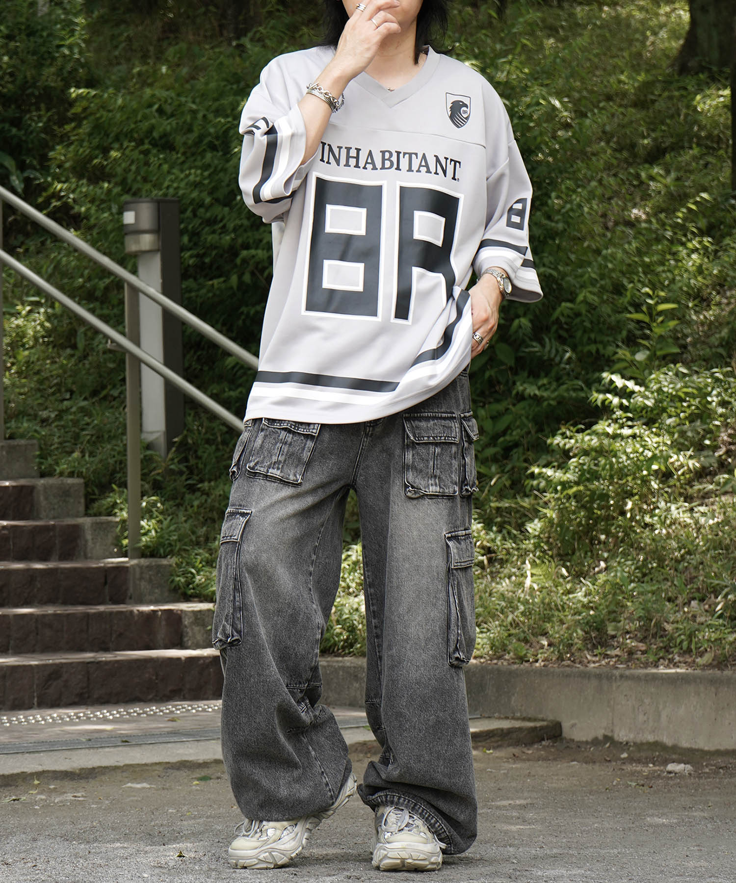 【MENS】ビッグシルエット フロントナンバリングプリント 半袖フットボールTシャツ /inhabitant(インハビタント)