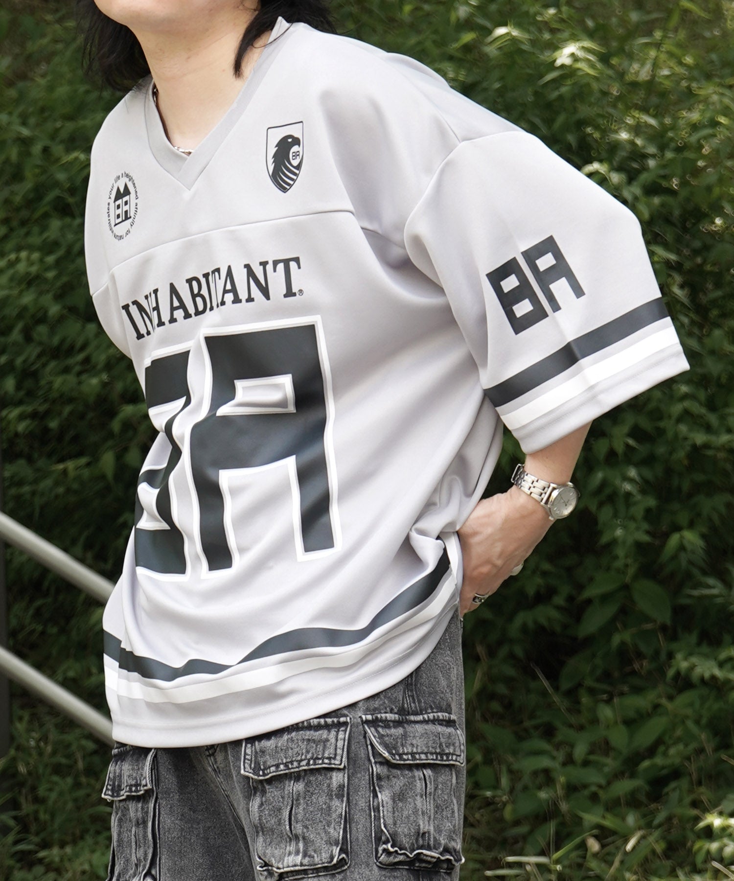 【MENS】ビッグシルエット フロントナンバリングプリント 半袖フットボールTシャツ /inhabitant(インハビタント)