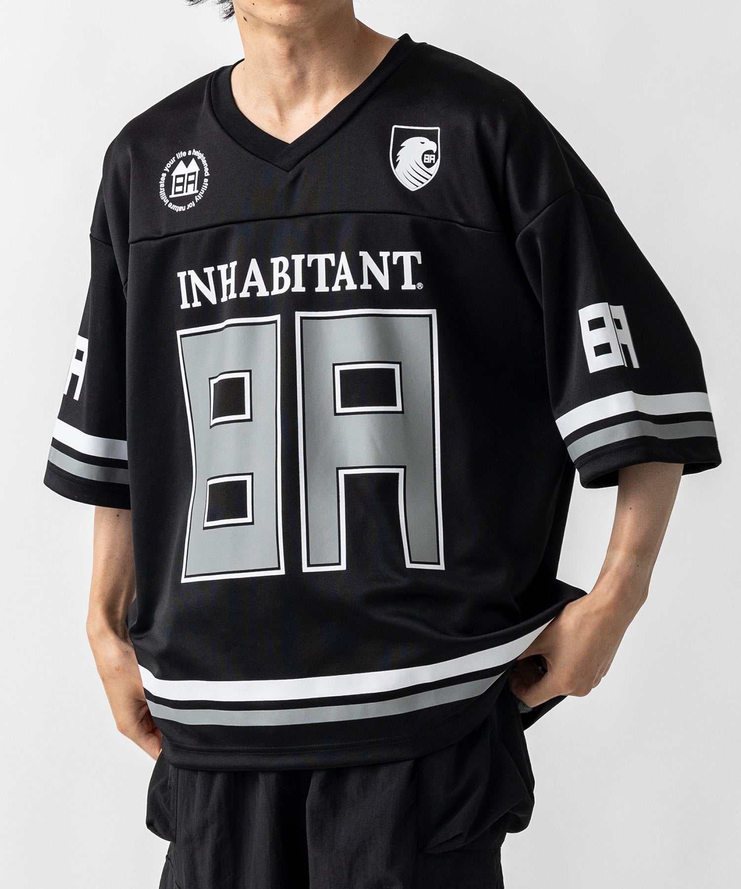 【MENS】ビッグシルエット フロントナンバリングプリント 半袖フットボールTシャツ /inhabitant(インハビタント)