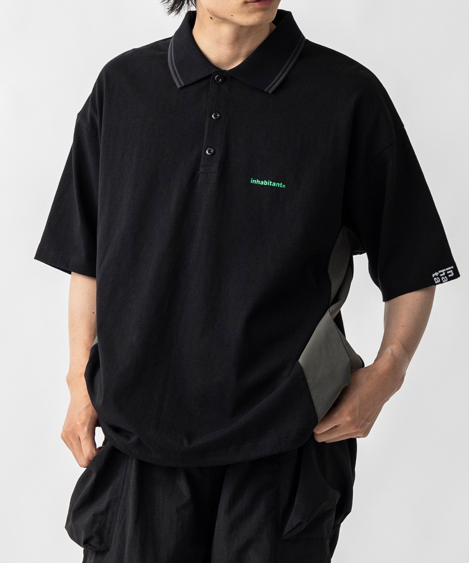 【MENS】ビッグシルエット ワンポイントプリント 半袖切替ポロシャツ /inhabitant(インハビタント)