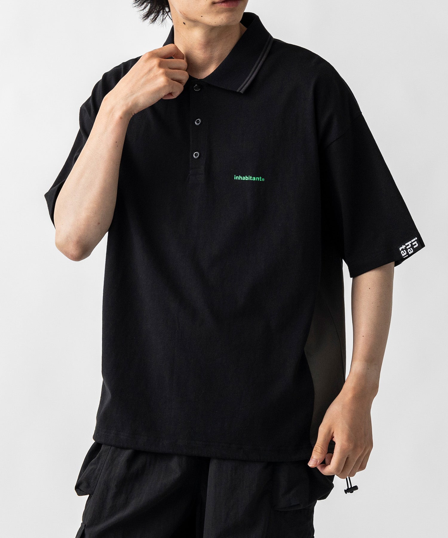 【MENS】ビッグシルエット ワンポイントプリント 半袖切替ポロシャツ /inhabitant(インハビタント)