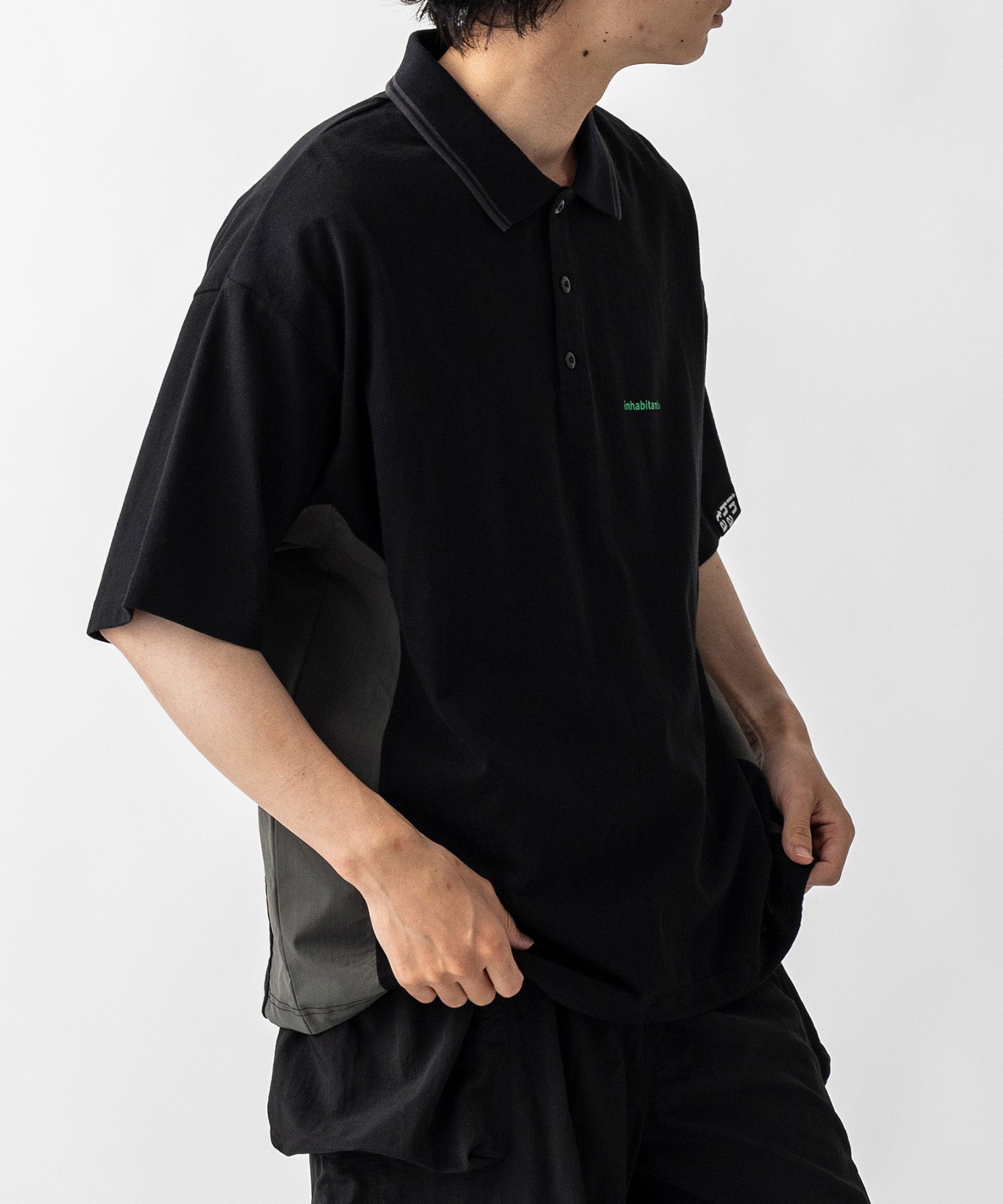【MENS】ビッグシルエット ワンポイントプリント 半袖切替ポロシャツ /inhabitant(インハビタント)