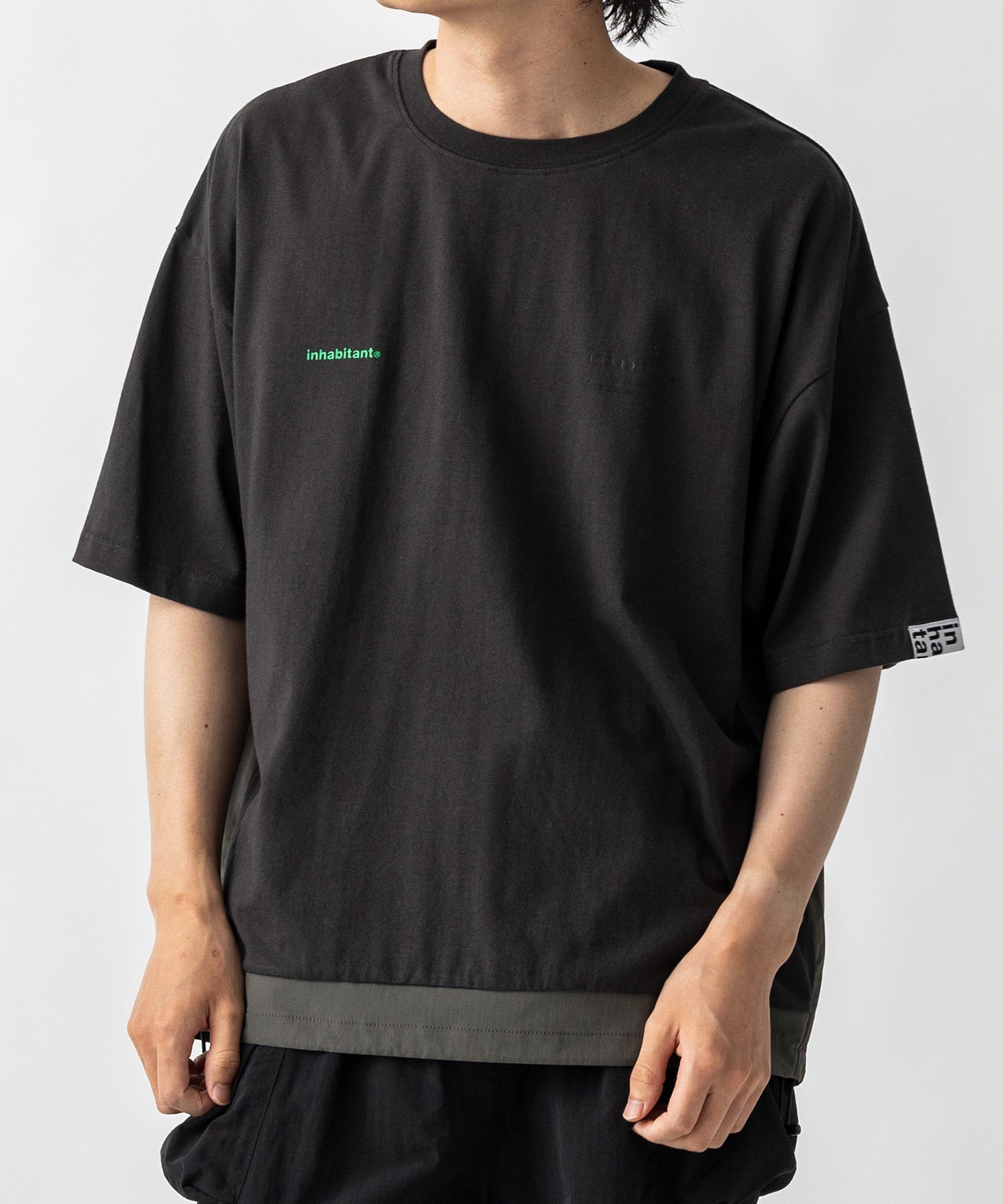 【MENS】ビッグシルエット フロントプリント 切替 半袖ドロストTシャツ /inhabitant(インハビタント)