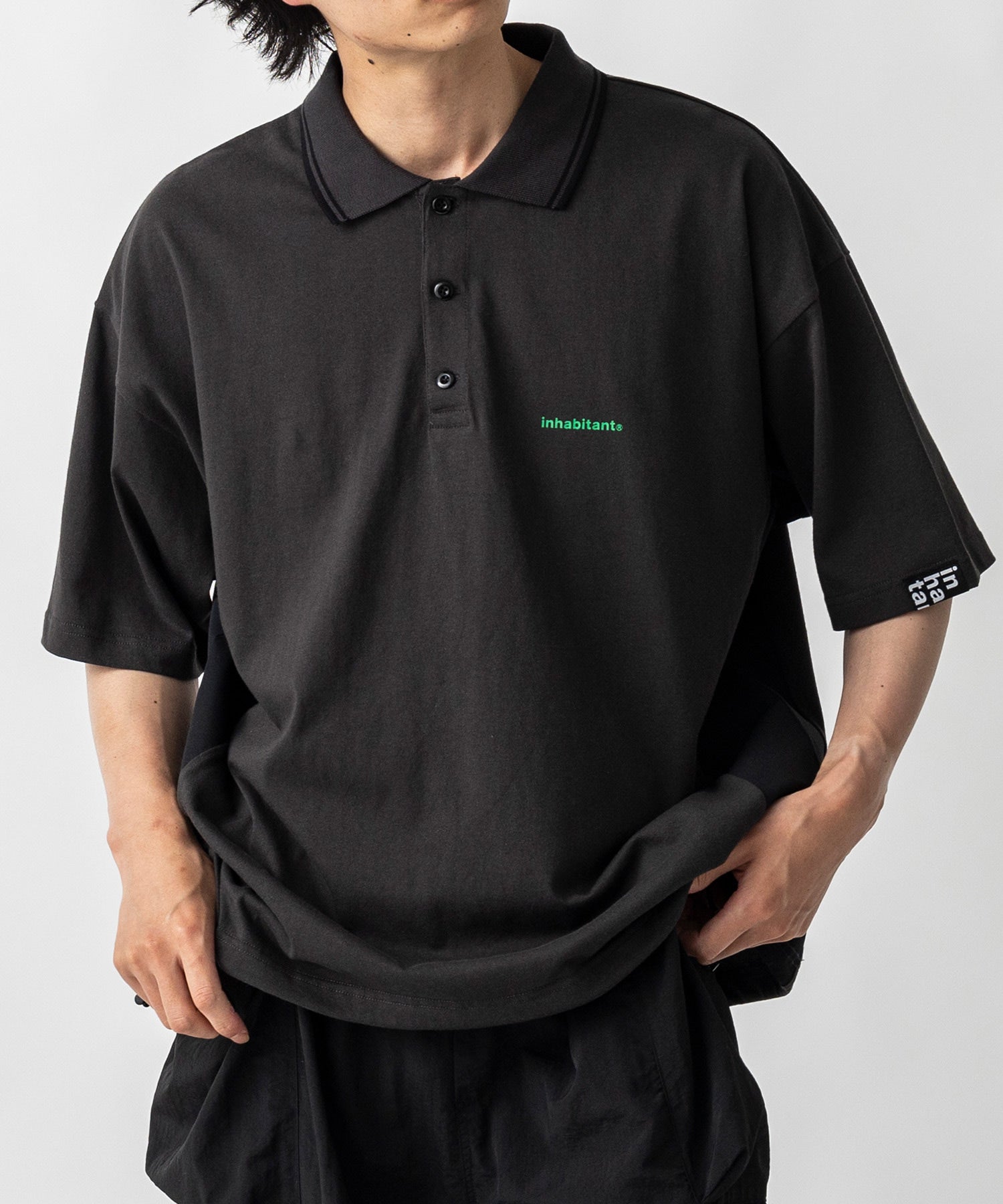【MENS】ビッグシルエット ワンポイントプリント 半袖切替ポロシャツ /inhabitant(インハビタント)