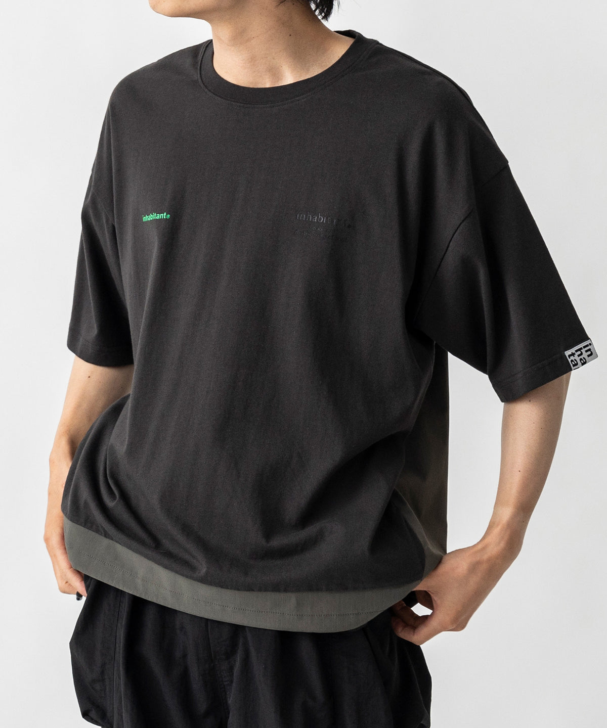 【MENS】ビッグシルエット フロントプリント 切替 半袖ドロストTシャツ /inhabitant(インハビタント)