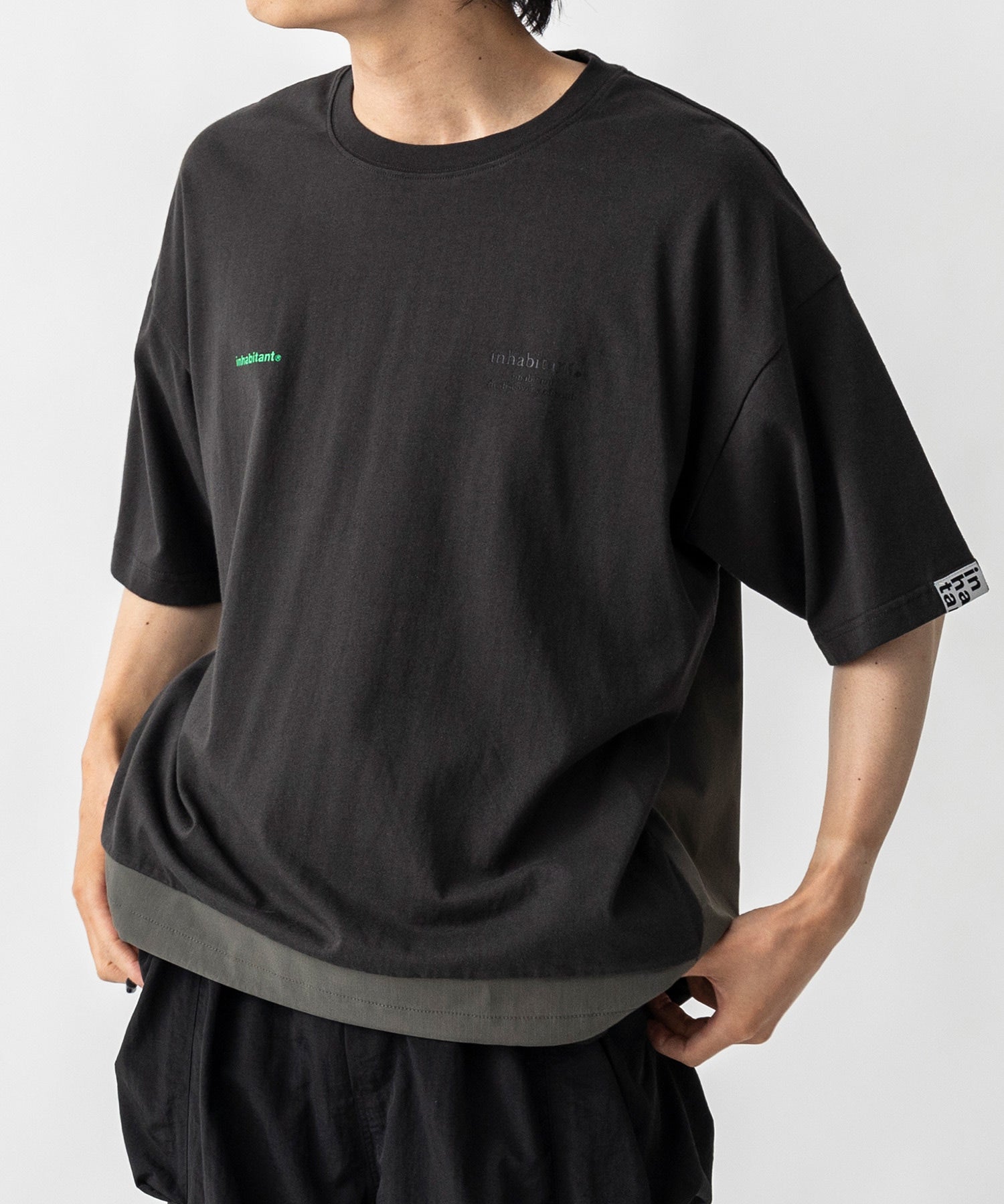【MENS】ビッグシルエット フロントプリント 切替 半袖ドロストTシャツ /inhabitant(インハビタント)