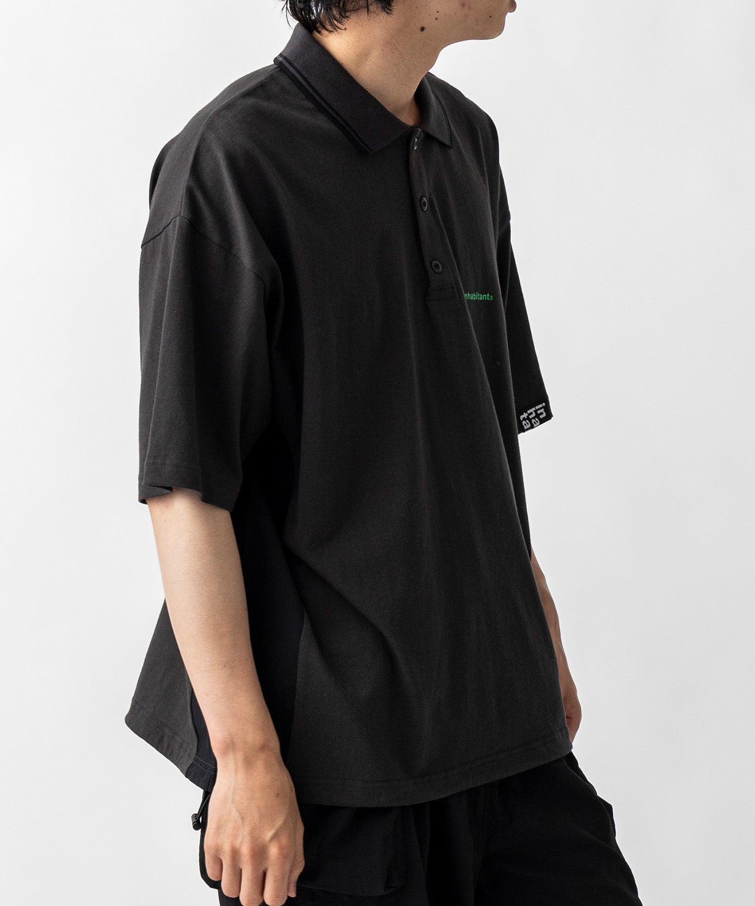 【MENS】ビッグシルエット ワンポイントプリント 半袖切替ポロシャツ /inhabitant(インハビタント)
