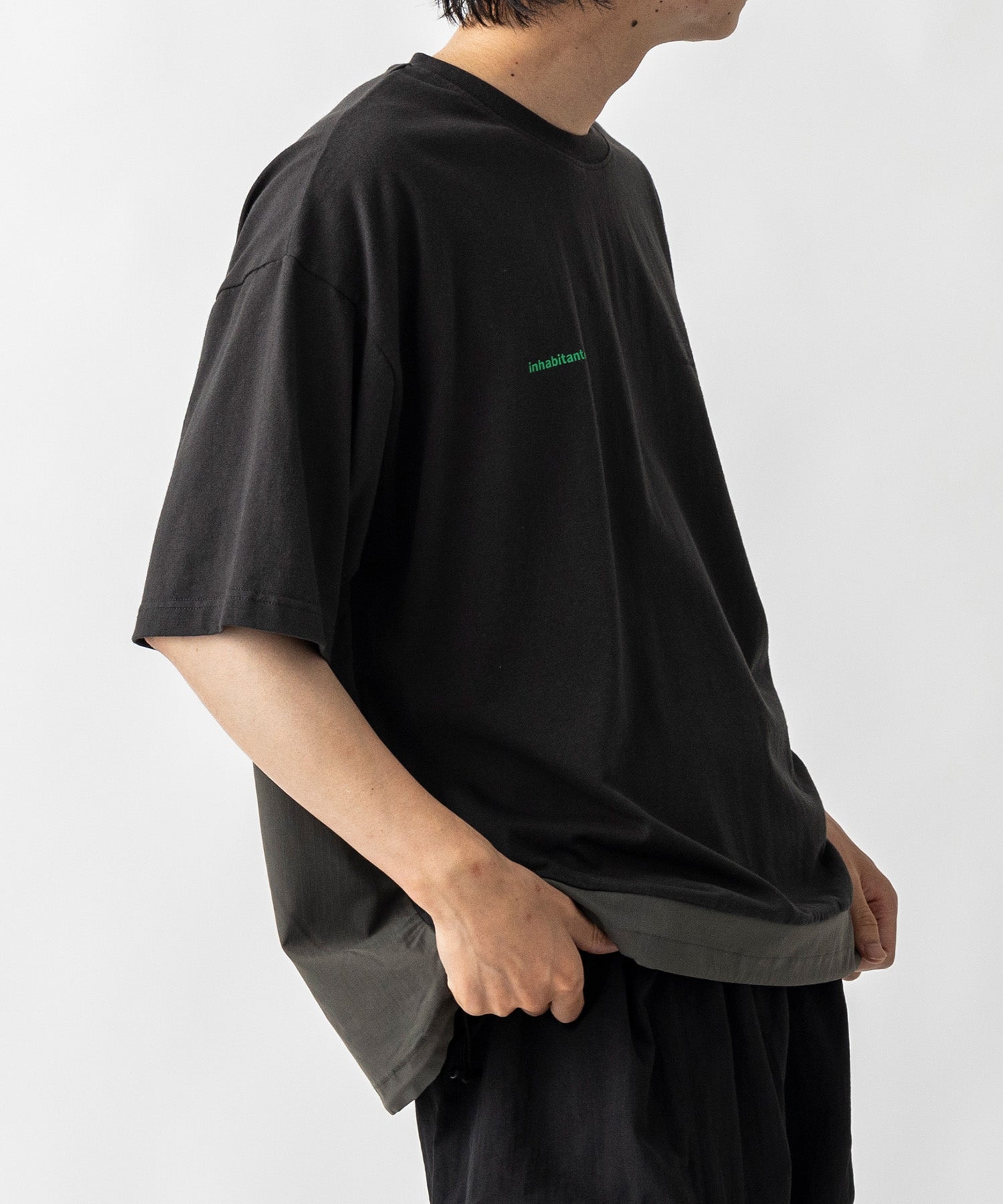 【MENS】ビッグシルエット フロントプリント 切替 半袖ドロストTシャツ /inhabitant(インハビタント)