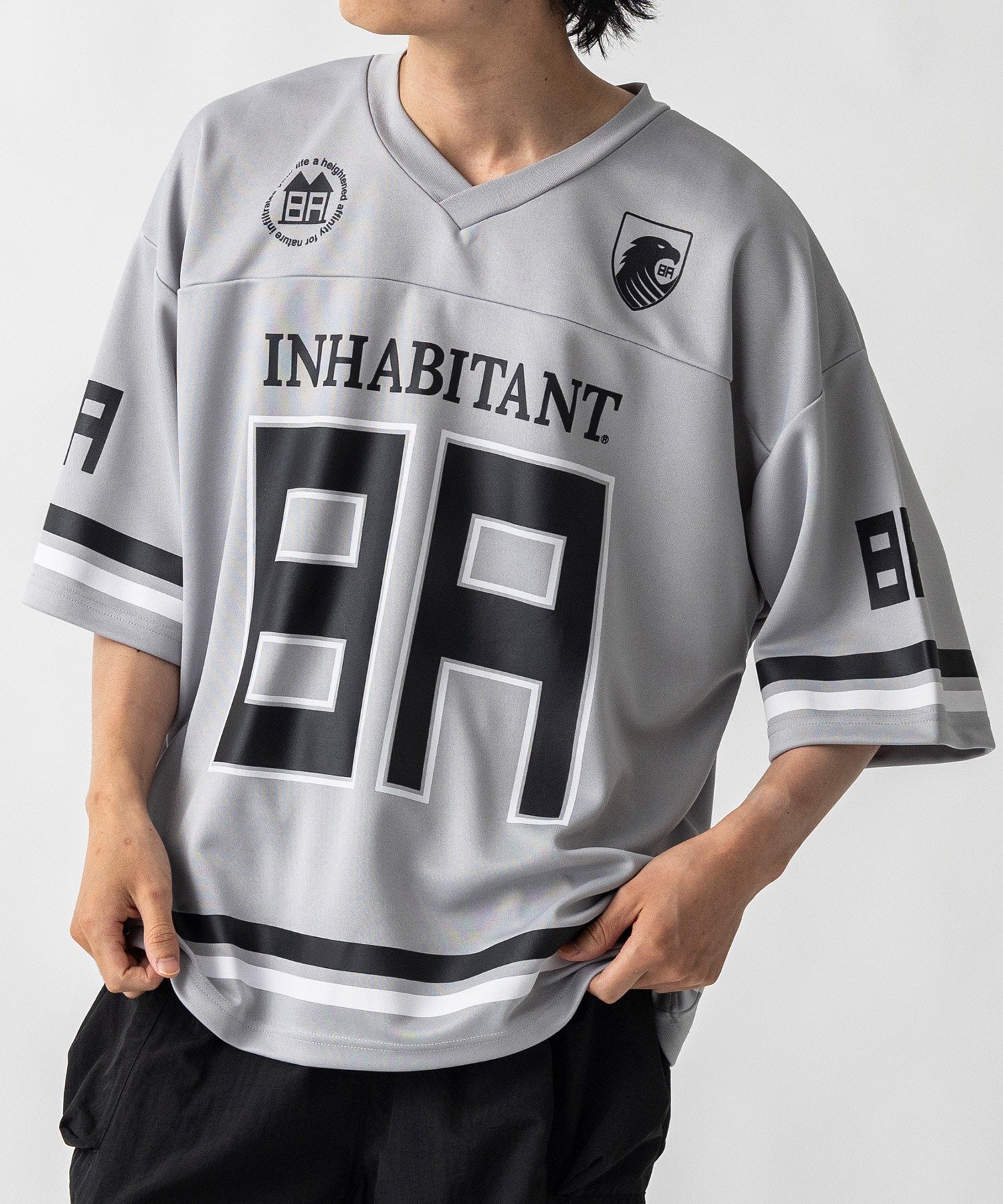 【MENS】ビッグシルエット フロントナンバリングプリント 半袖フットボールTシャツ /inhabitant(インハビタント)