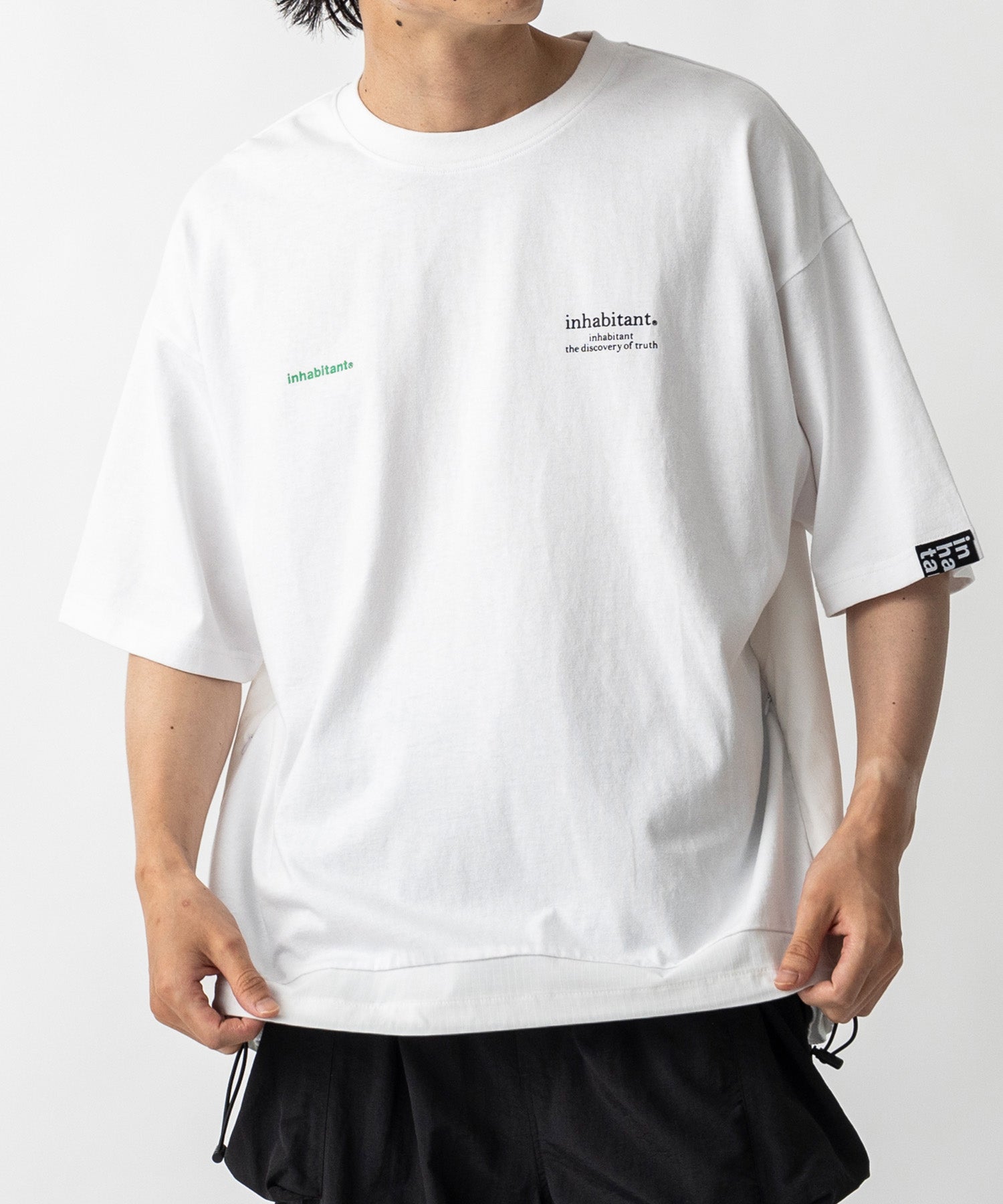 【MENS】ビッグシルエット フロントプリント 切替 半袖ドロストTシャツ /inhabitant(インハビタント)