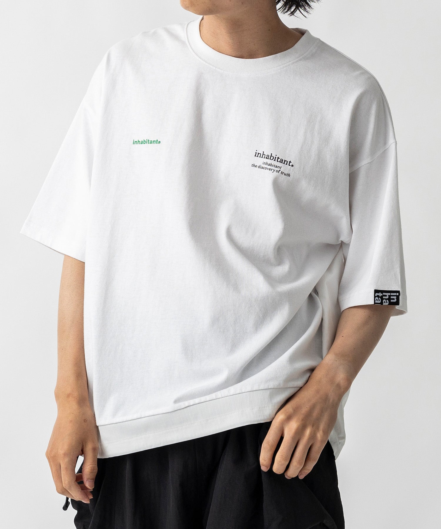 【MENS】ビッグシルエット フロントプリント 切替 半袖ドロストTシャツ /inhabitant(インハビタント)