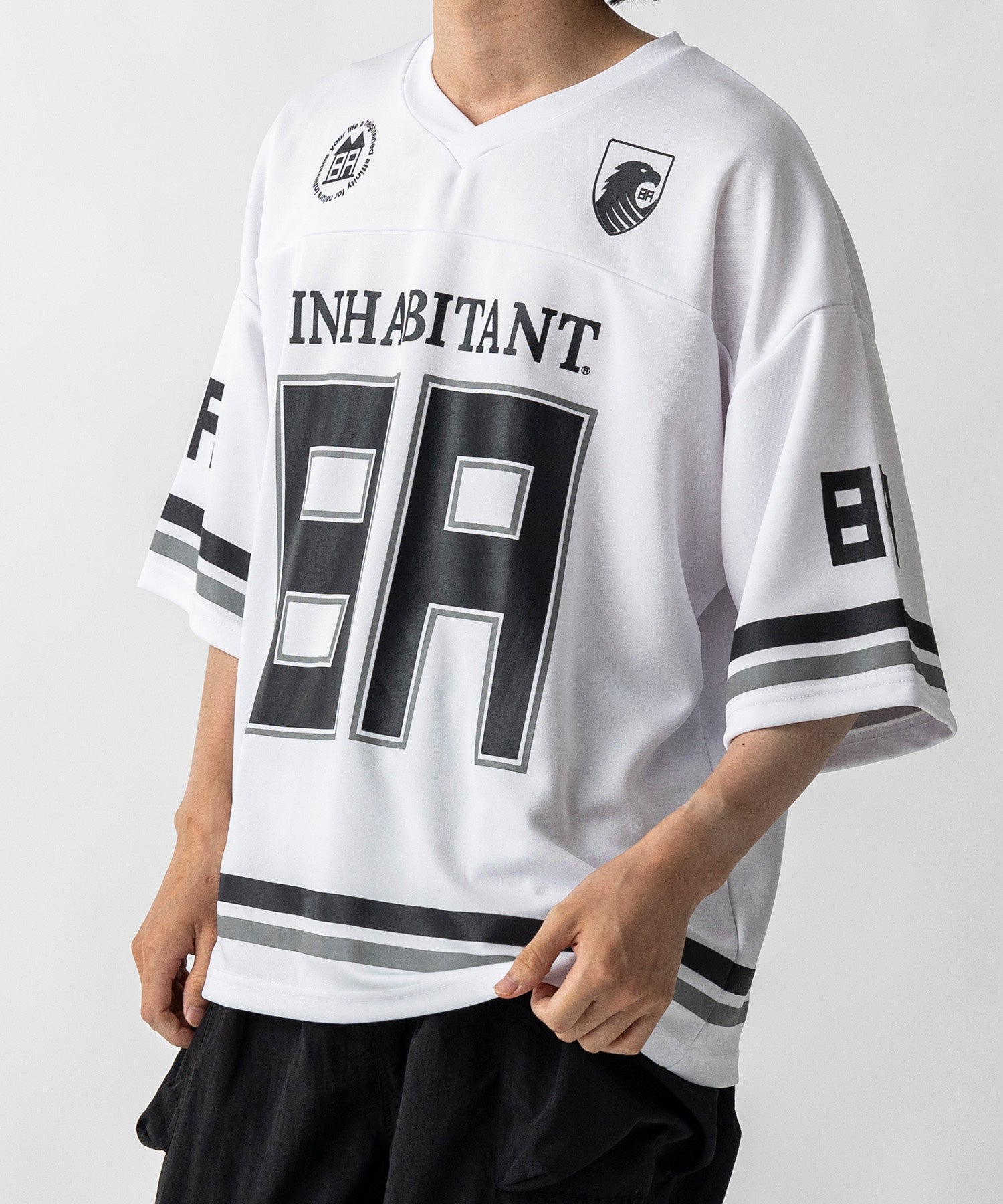 【MENS】ビッグシルエット フロントナンバリングプリント 半袖フットボールTシャツ /inhabitant(インハビタント)
