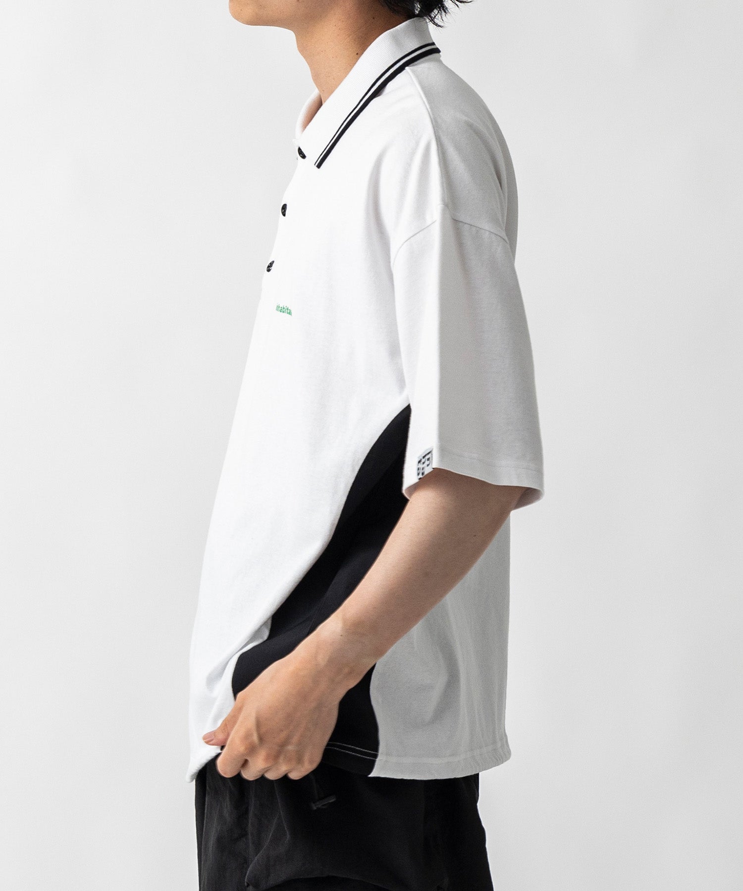 【MENS】ビッグシルエット ワンポイントプリント 半袖切替ポロシャツ /inhabitant(インハビタント)