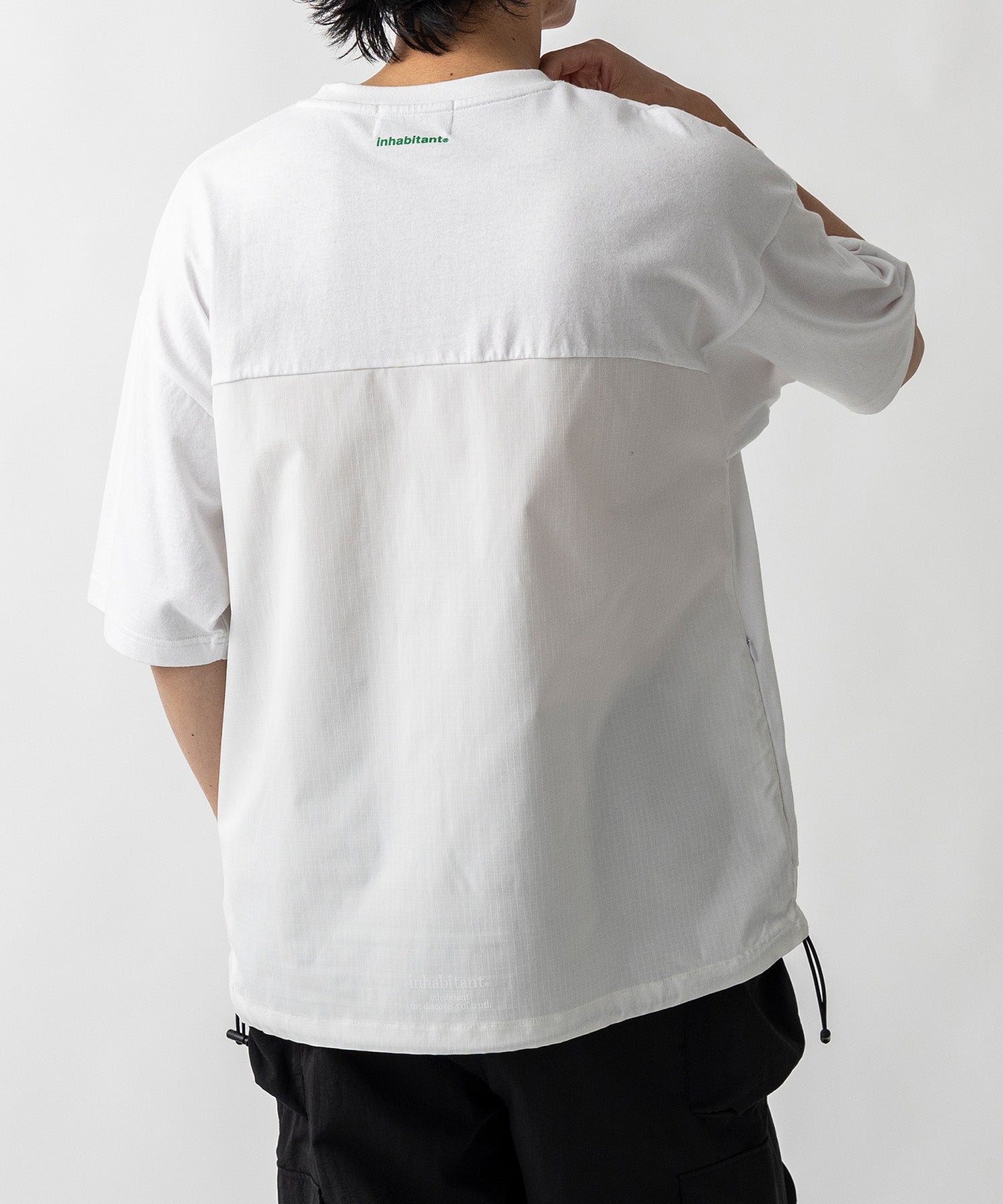 【MENS】ビッグシルエット フロントプリント 切替 半袖ドロストTシャツ /inhabitant(インハビタント)