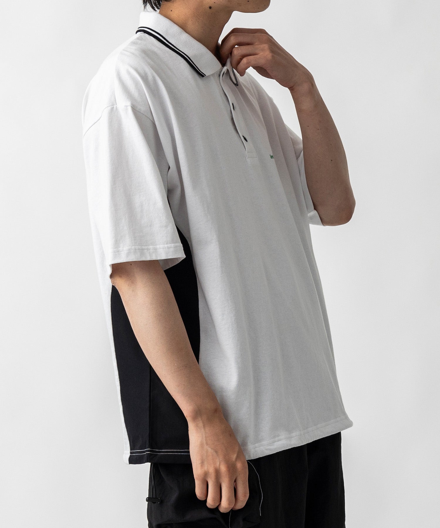 【MENS】ビッグシルエット ワンポイントプリント 半袖切替ポロシャツ /inhabitant(インハビタント)