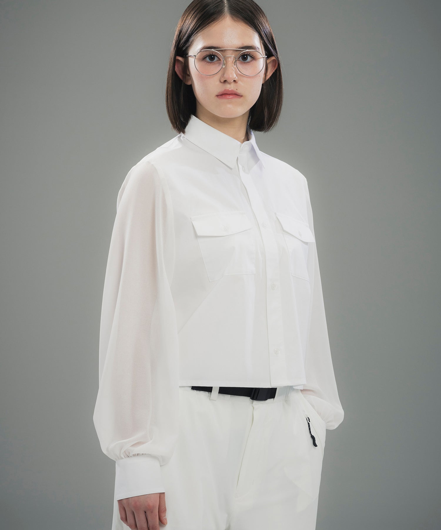 SHEER SLEEVE CROPPED SHIRT / シアースリーブ クロップドシャツ