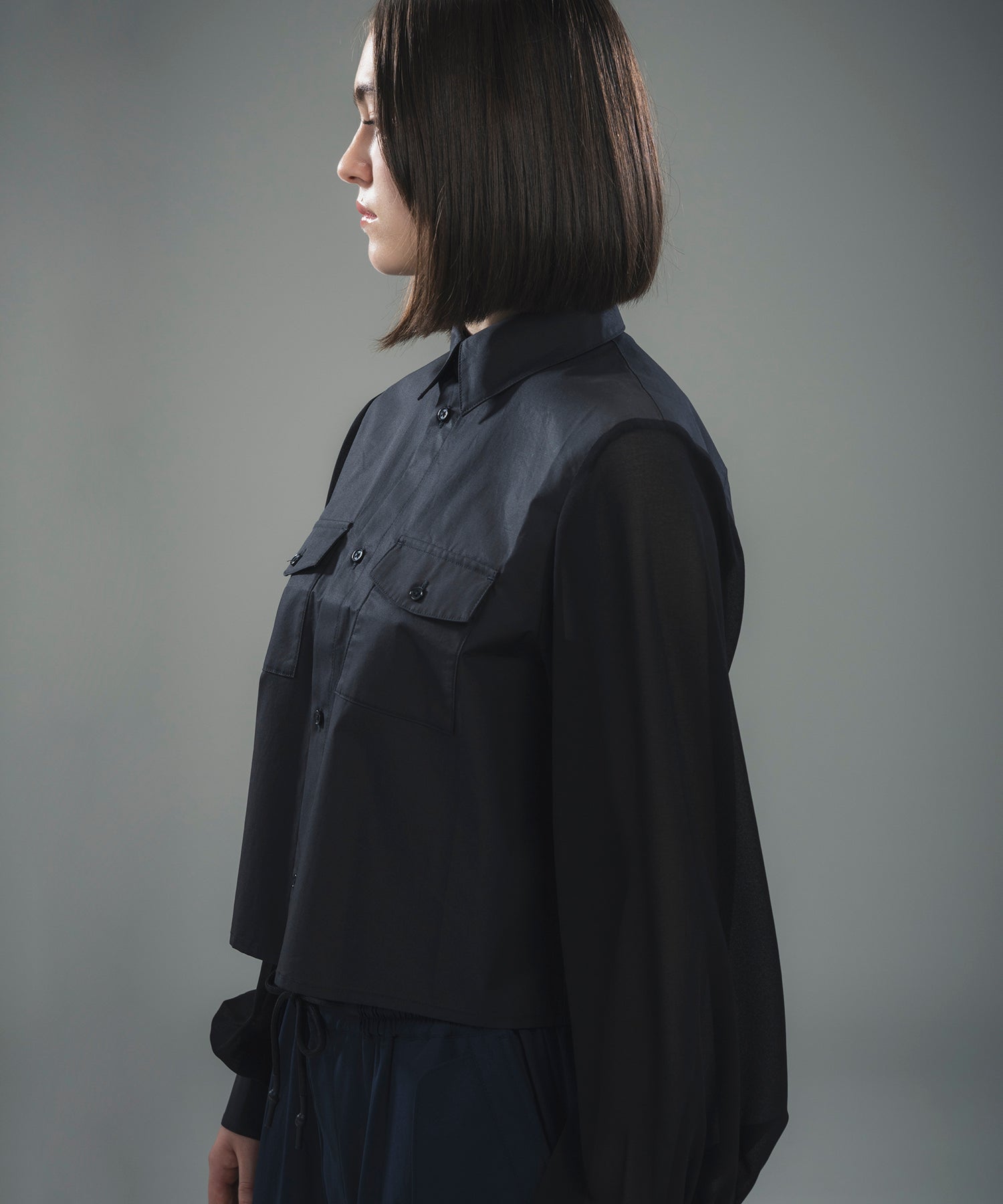 SHEER SLEEVE CROPPED SHIRT / シアースリーブ クロップドシャツ
