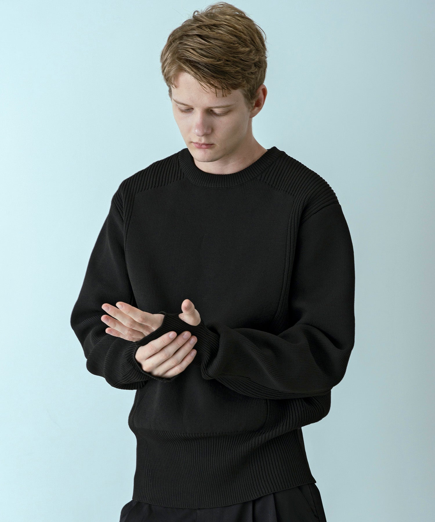 【MENS】HYBRID KNITTED LONG RIB PULL OVER  ハイブリッドニット ロングリブプルオーバー / +phenix(プラスフェニックス)