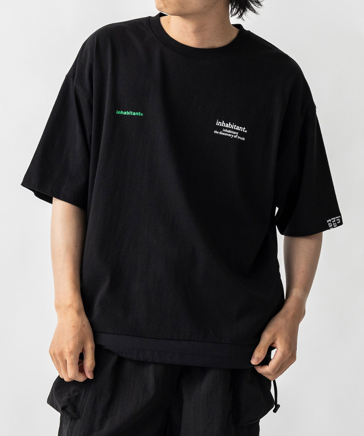 【MENS】ビッグシルエット フロントプリント 切替 半袖ドロストTシャツ /inhabitant(インハビタント)