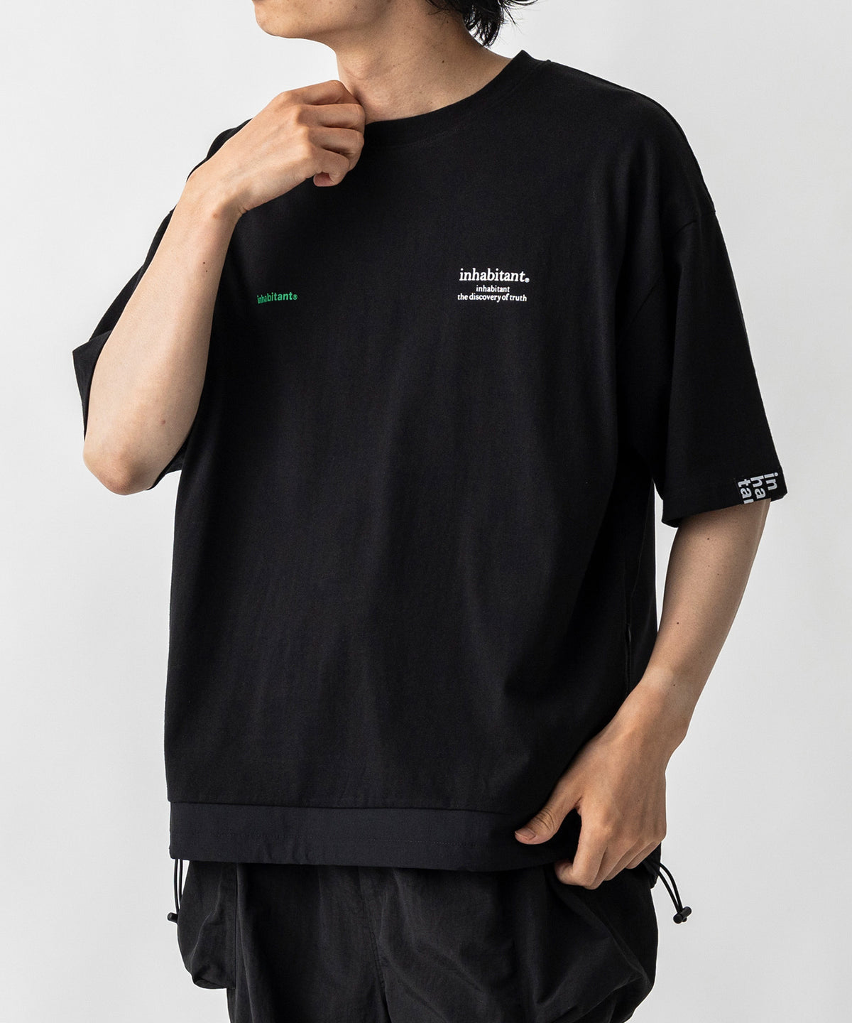 【MENS】ビッグシルエット フロントプリント 切替 半袖ドロストTシャツ /inhabitant(インハビタント)