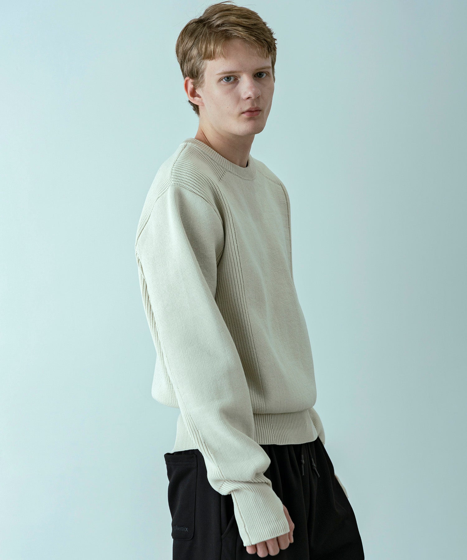 【MENS】HYBRID KNITTED LONG RIB PULL OVER  ハイブリッドニット ロングリブプルオーバー / +phenix(プラスフェニックス)