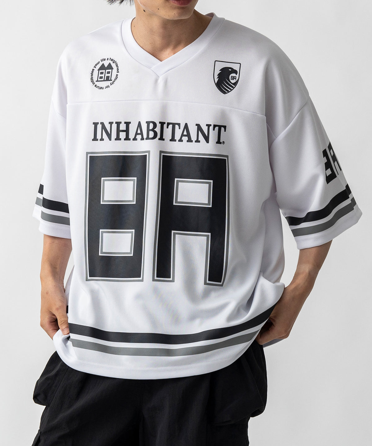 【MENS】ビッグシルエット フロントナンバリングプリント 半袖フットボールTシャツ /inhabitant(インハビタント)