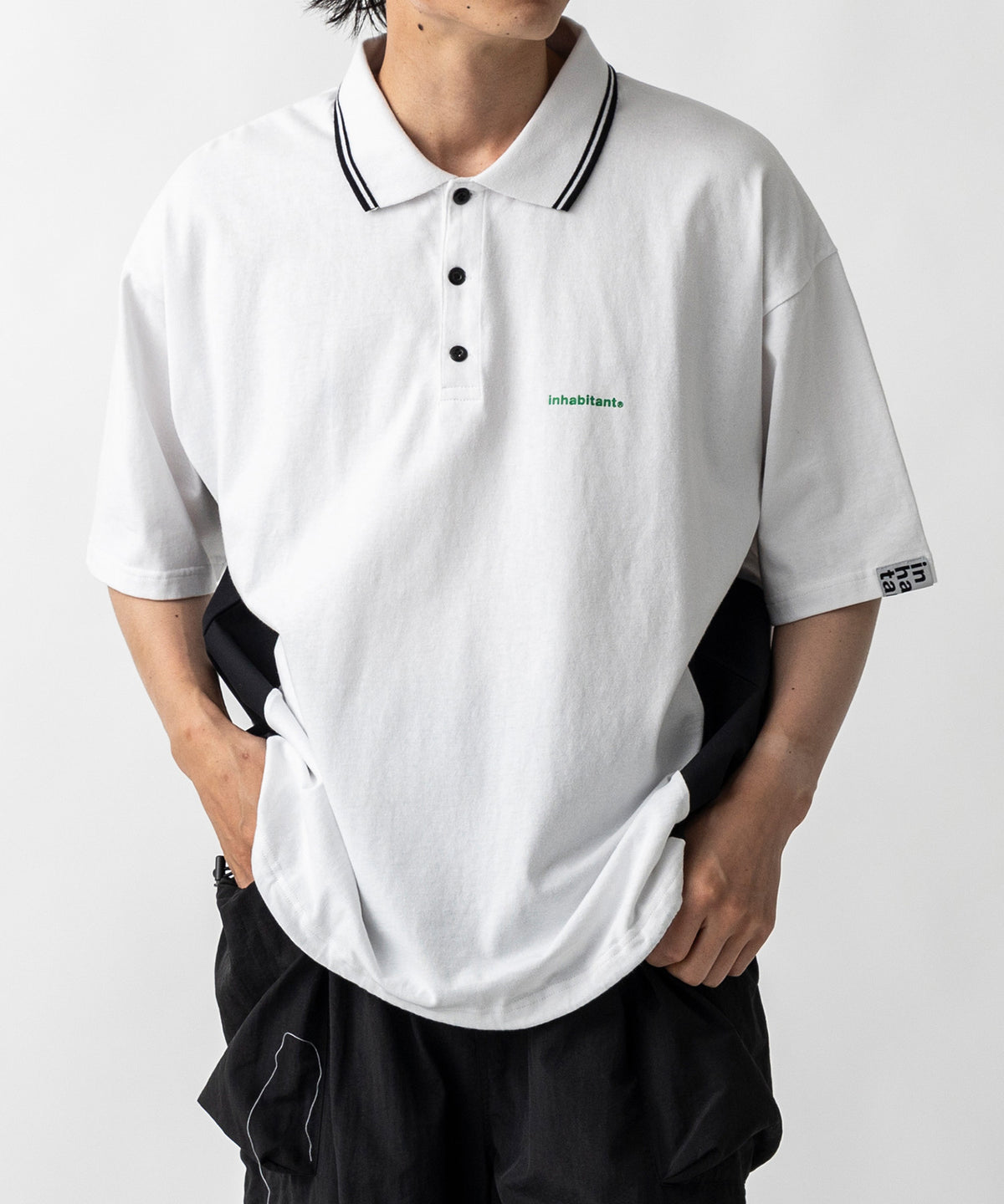 【MENS】ビッグシルエット ワンポイントプリント 半袖切替ポロシャツ /inhabitant(インハビタント)