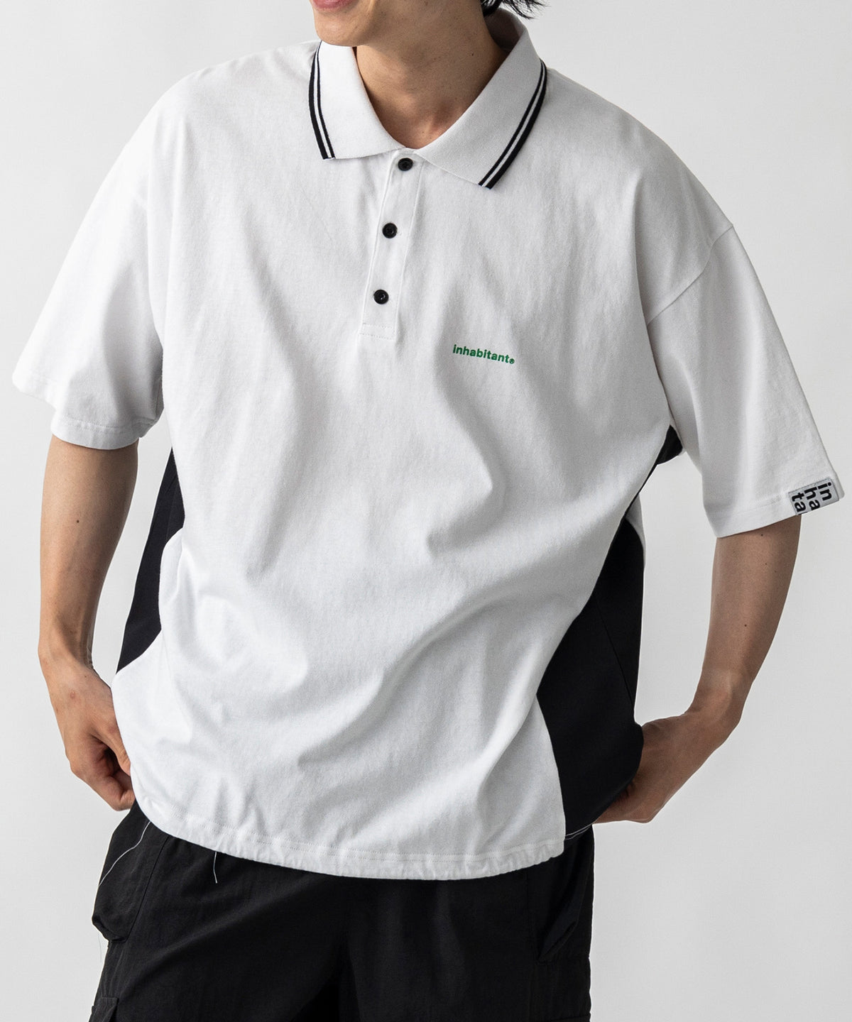 【MENS】ビッグシルエット ワンポイントプリント 半袖切替ポロシャツ /inhabitant(インハビタント)