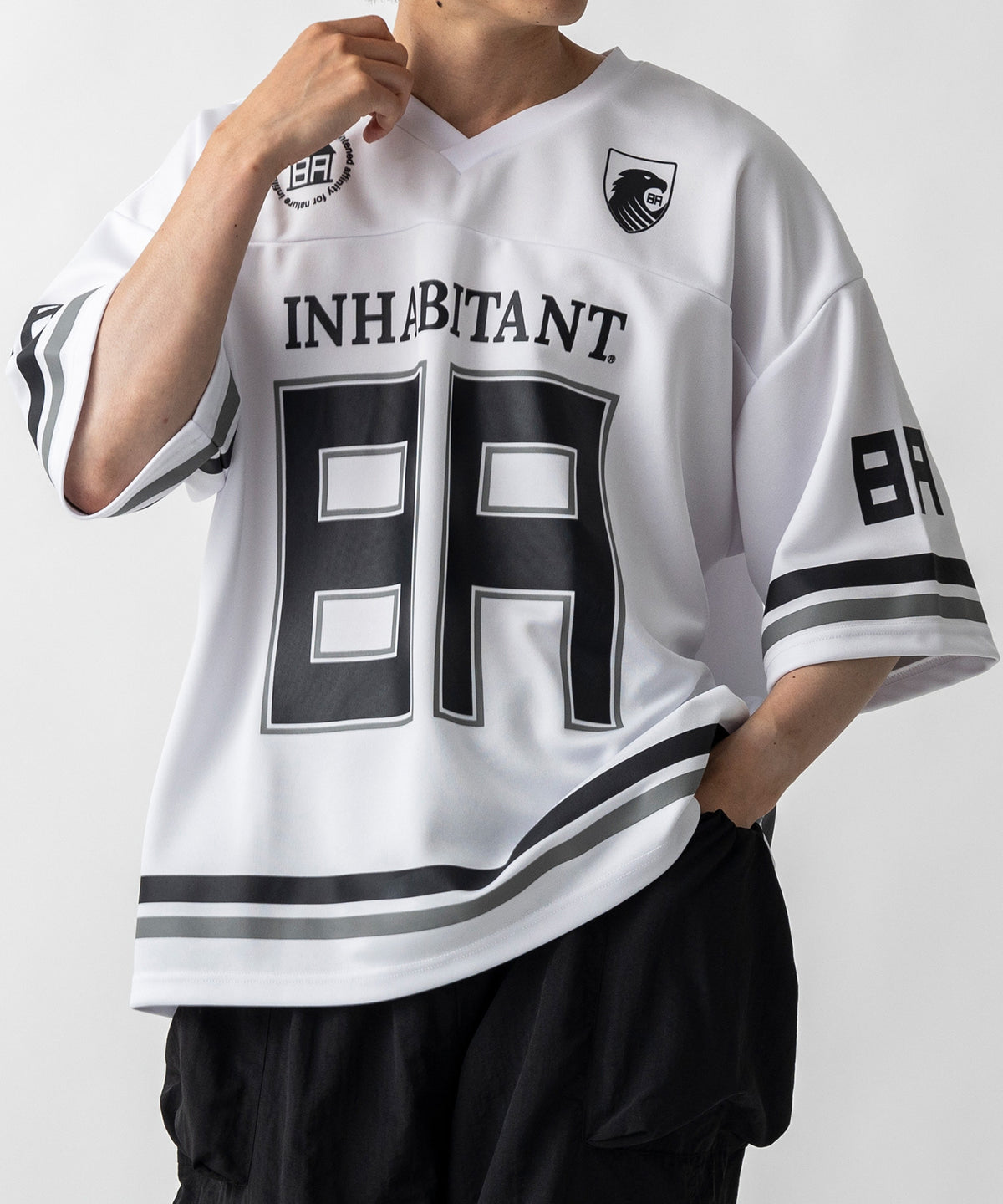 【MENS】ビッグシルエット フロントナンバリングプリント 半袖フットボールTシャツ /inhabitant(インハビタント)